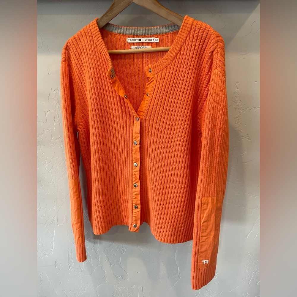 Y2K Tommy Hilfiger 100% cotton Vibrant Orange Ribbed Snap Cardigan XL